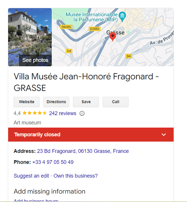 Tillfälligt stängt på Villa Fragonard